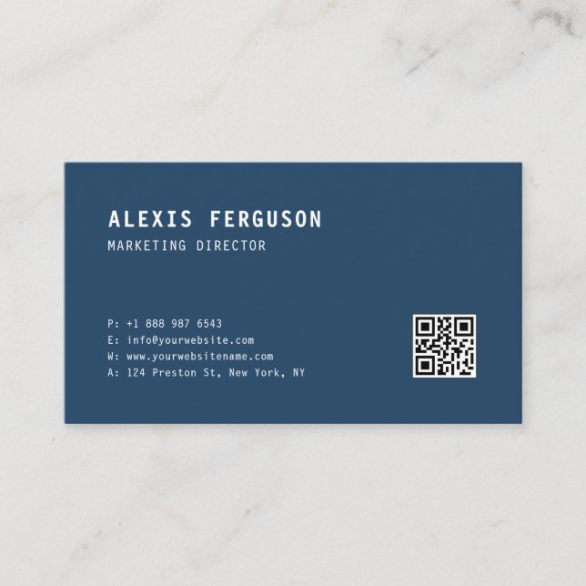 Einfache Typografie Navy Minimalistischer QR-Code Visitenkarte (Vorderseite)