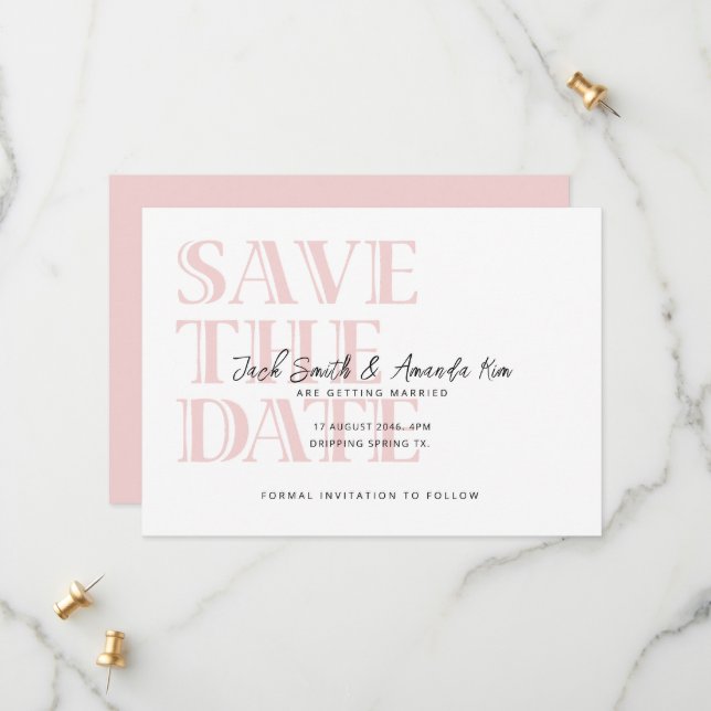 Einfache Typografie Pink Flat Save the Date Karte (Vorderseite/Rückseite Beispiel)