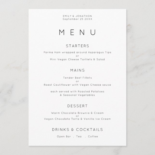 Einfache Typografie Schwarz-weiße Wedding Menu Car Einladung (Vorderseite)