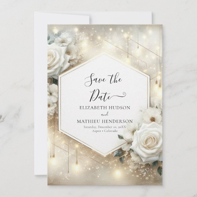 Einfache Typografie White Roses Wedding Save The Date (Vorderseite)