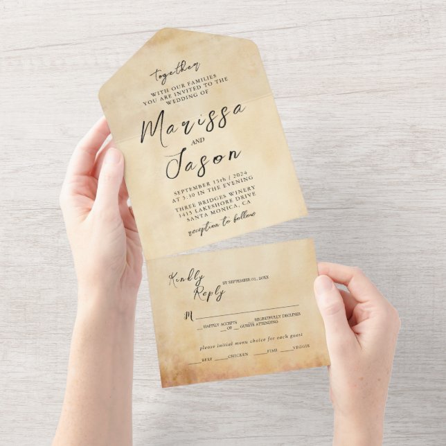 Einfache und elegante alte Rustikale Hochzeit All In One Einladung (Abreißen)