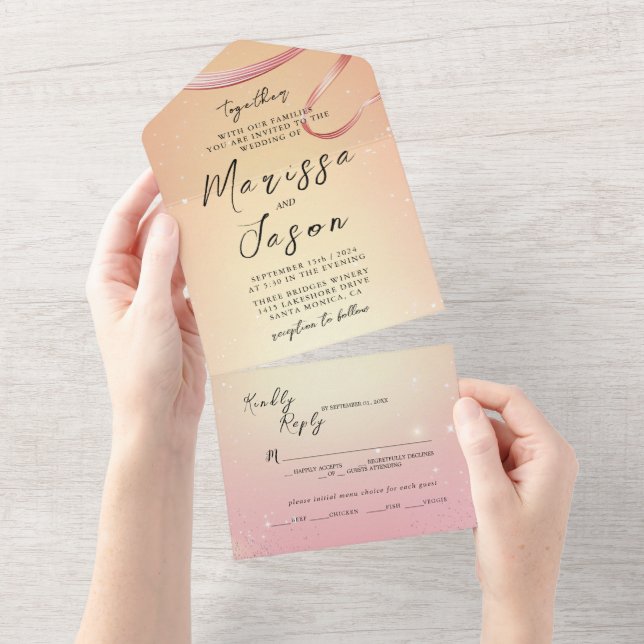 Einfache und elegante Hochzeit in Gelb und Rosa All In One Einladung (Abreißen)