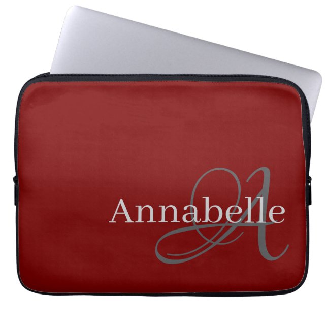 Einfache und elegante rote Monogramm und Name Laptopschutzhülle (Vorderseite)