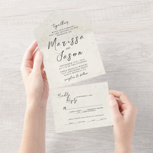 Einfache und elegante Rustikale Beige Hochzeit All In One Einladung (Abreißen)