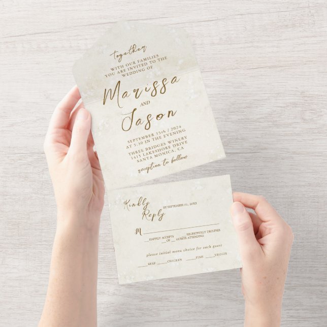 Einfache und elegante rustikale Hochzeit in Beige  All In One Einladung (Abreißen)