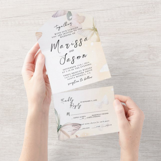 Einfache und elegante Schmetterlinge Hochzeit All In One Einladung (Abreißen)