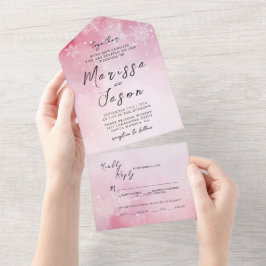 Einfache und elegante Schneeflocken und rosa Hochz All In One Einladung