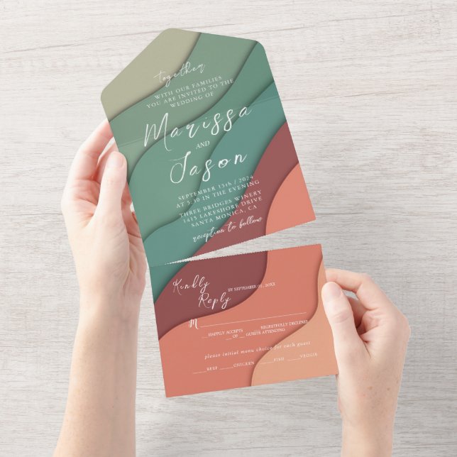 Einfache und elegante, warme Farben Hochzeit All In One Einladung (Abreißen)