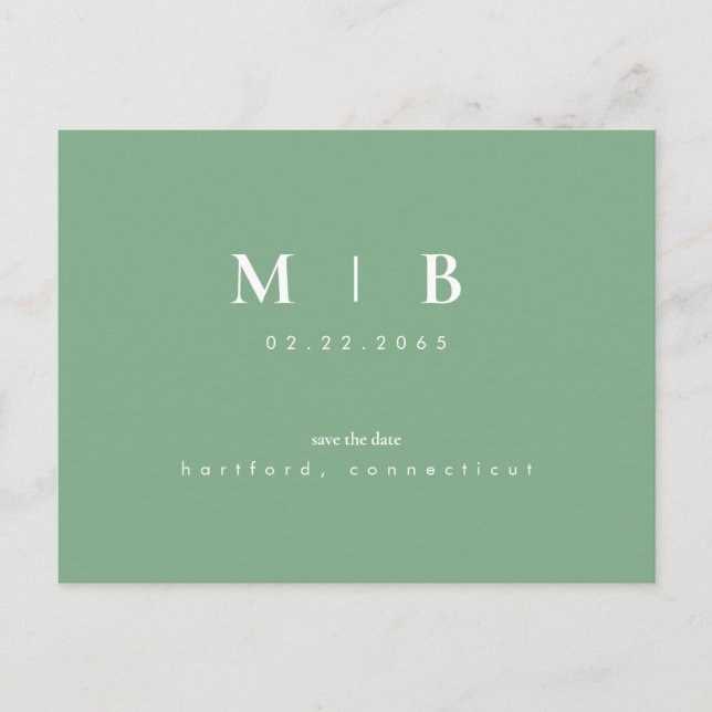 Einfache und kleine Monogramm Save the Date grün Ankündigungspostkarte (Vorderseite)