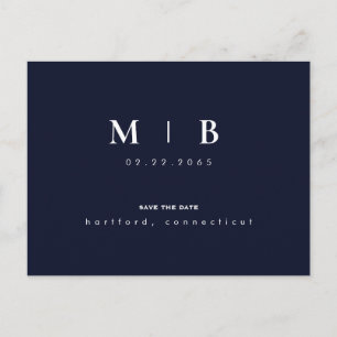 Einfache und leichte Monogramm Navy & White Save t Ankündigungspostkarte