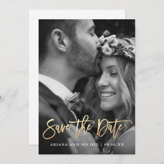 Einfache und moderne Kalligrafie-Foto Hochzeit Save The Date (Vorne/Hinten)