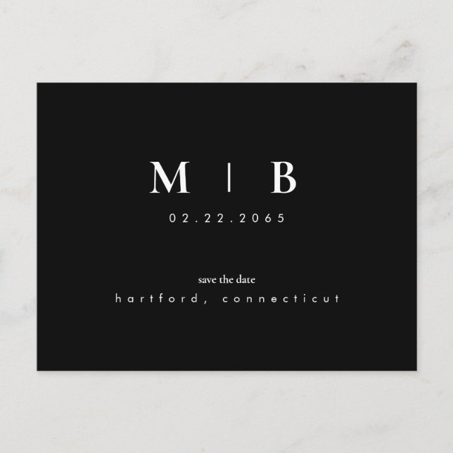 Einfache und schlanke Monogramm Save the Date schw Ankündigungspostkarte (Vorderseite)