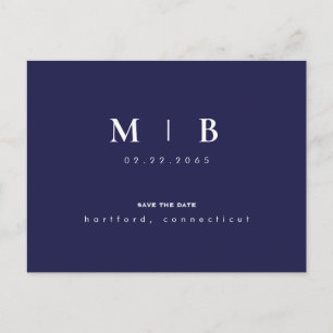Einfache und schlanke Navy Monogram Save the Date Ankündigungspostkarte