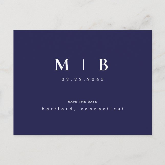 Einfache und schlanke Navy Monogram Save the Date Ankündigungspostkarte (Vorderseite)