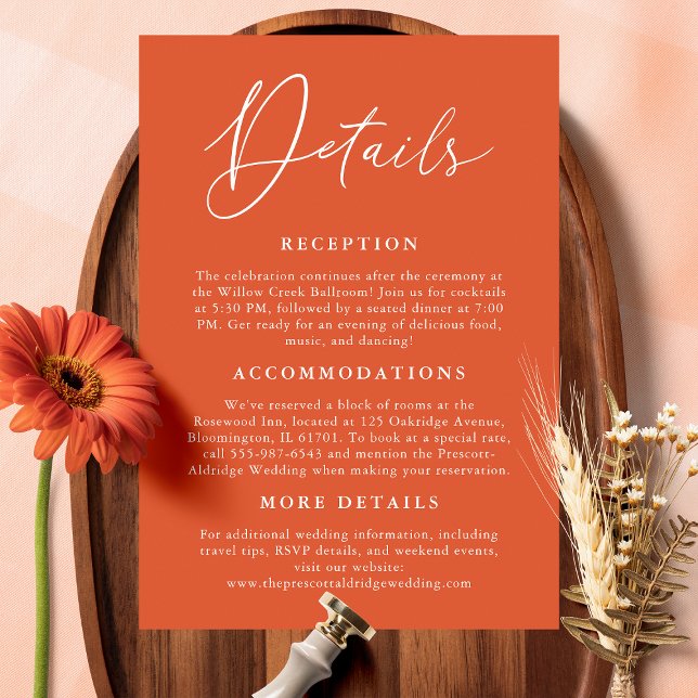 Einfache Verona Sunset Orange Kalligraphie Details Begleitkarte (Von Creator hochgeladen)