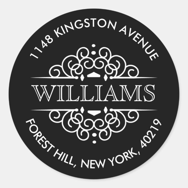 Einfache Verzierte Schwarz-Weiß-Rücksendeadresse Runder Aufkleber (Vorderseite)