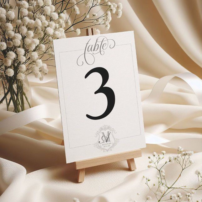 Einfache Vintage Monogramm Wappen Hochzeit Tischnu Einladung (Simple black and white script elegant modern vintage floral monogram crest wedding table number)