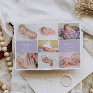 Einfache violette Baby-Foto-Collage-Ankündigungska Einladung