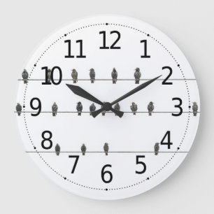 Einfache Vögel auf der Wires Hand Gezeichnet Illu Große Wanduhr