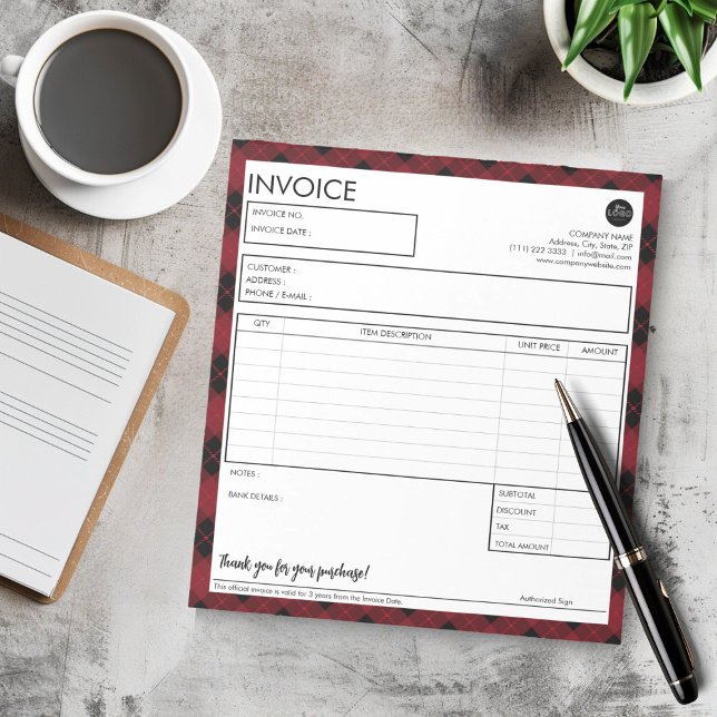 Einfache Vorlage für Karierte rote Grenzrechnung Notizblock (Minimalist Red Plaid Border Business Invoice Template Notepad)