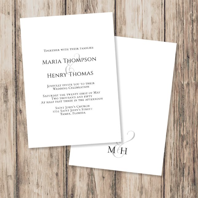 Einfache Vorlage für Minimalistischen Schwarzen Te (Minimalist black text wedding template with elegant ampersand design for modern stationery.)