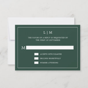 Einfache Waldgrüne Monogram Elegant Hochzeit RSVP Karte