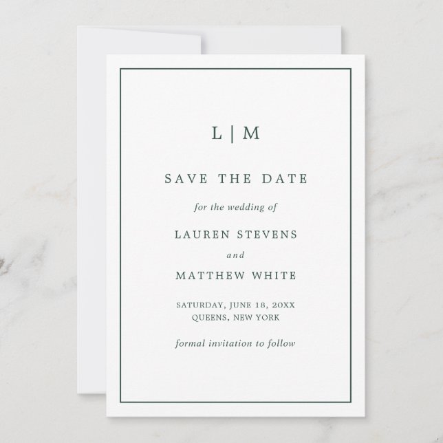 Einfache Waldgrüne Monogram Elegant Hochzeit Save The Date (Vorderseite)