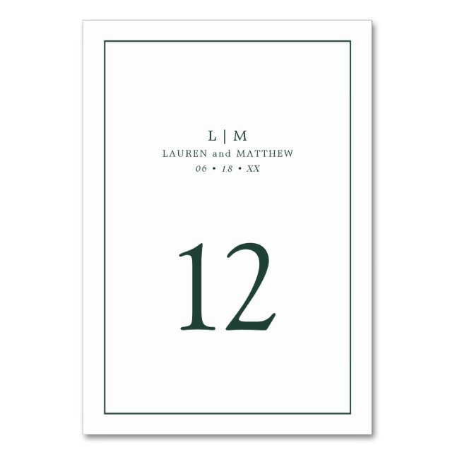 Einfache Waldgrüne Monogram Elegant Hochzeit Tischnummer (Vorderseite)