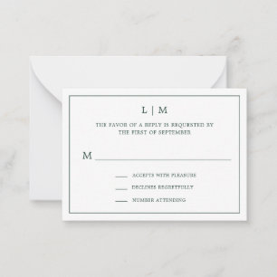 Einfache Waldgrüne Monogram Mini Wedding RSVP Mitteilungskarte