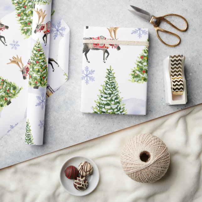 Einfache Wasserfarbe Boho-Weihnachts-Rentier-Baum Geschenkpapier (Kunsthandwerk)