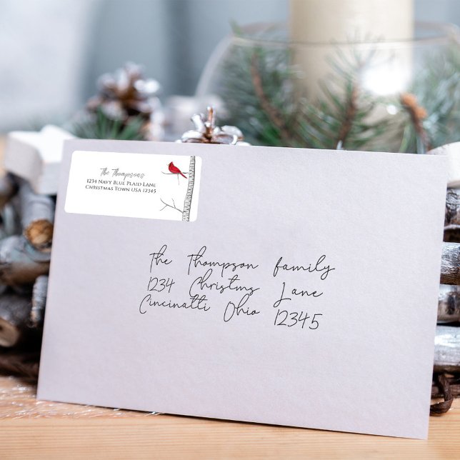 Einfache Wasserfarbe Klassischer Winter Roter Kard Adressaufkleber (Simple winter red cardinal and birch tree return address label. )