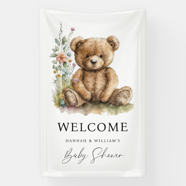 Einfache Wasserfarbe Kleine Teddy Bear Babydusche  Banner (Vertikal)