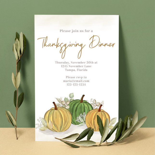 Einfache Wasserfarbe Kürbiskugel Einladung (Lovely Thanksgiving dinner invitation with Autumn colored gourds. )