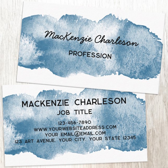 Einfache Wasserfarbe Pinsel Pinselstrich Dusty Bla Visitenkarte (Simple watercolor paint brushstroke custom text business card)