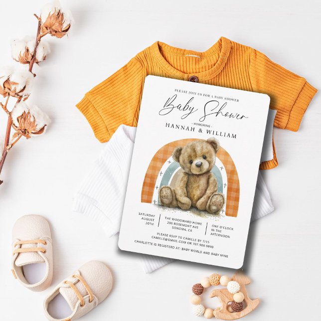 Einfache Wasserfarbe Teddy Bären Regenbogen Babydu Einladung (Von Creator hochgeladen)