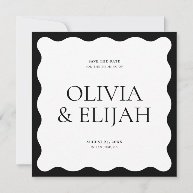 Einfache Wavy Black und White Modern Save the Date Einladung (Vorderseite)
