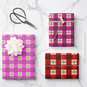 Einfache Weihnachten Kariert Rot und Rosa Checked Geschenkpapier Set