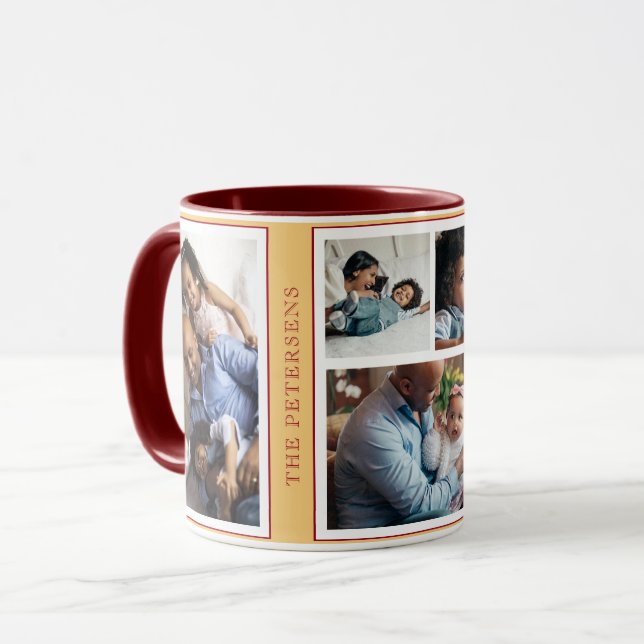 Einfache Weihnachts-5-Foto-Collage orange bordeaux Tasse (Vorderseite Links)