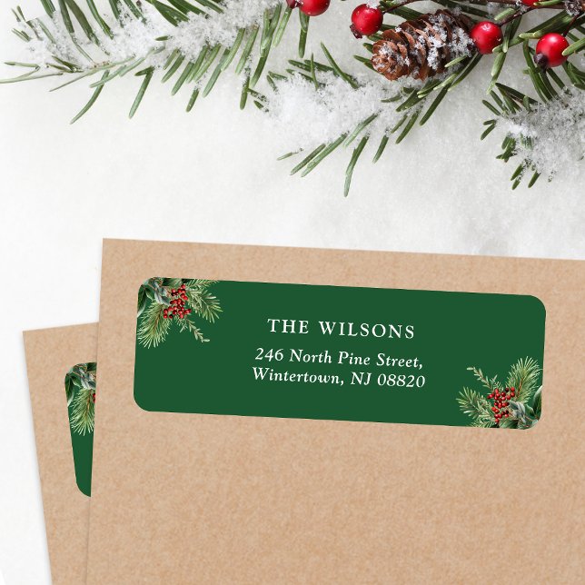 Einfache Weihnachts-Blätter & Berries-Rücksendeadr (Simple elegant Christmas return address label with pine leaves and berries motifs)