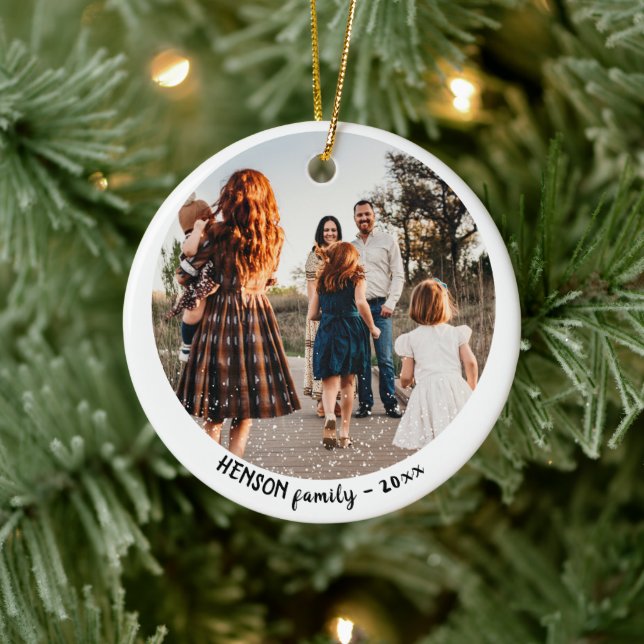 Einfache Weihnachts-Familie Runde Foto Keramik Ornament (Baum)