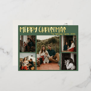 Einfache Weihnachts-Grün-Fünf-Foto-Gold Folien Feiertagspostkarte