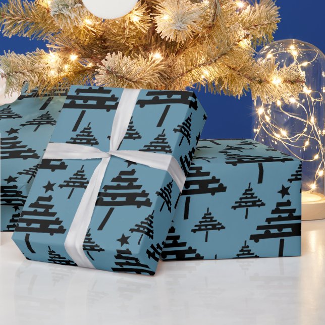 Einfache Weihnachtsbaum Muster Blue Black Holiday Geschenkpapier (Feiertage)