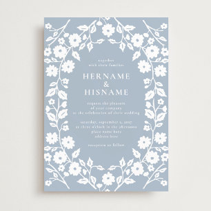Einfache weiße Folk Floral Dusty Blue Wedding Einladung