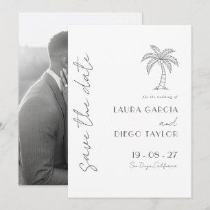 Einfache weiße Hochzeit mit Palme Save The Date