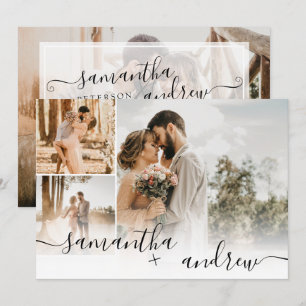 Einfache weiße Minimalschrift 4 Fotos Hochzeit Einladung