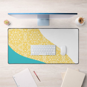 Einfache Wellen - Blumenmuster Türkis und Gelb Schreibtischunterlage
