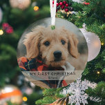 Einfache Welpe "Mein erstes Weihnachten" Foto Keep Ornament Aus Glas<br><div class="desc">Mit dieser einfachen,  modernen Vorlage erstellen Sie den ersten Weihnachtsschmuck eines Hauses. Design beinhaltet ein Foto Ihres Welpen oder Kätzchens,  ein weißes Overlay-Banner mit dem Text 'MY FIRST CHRISTMAS' und dem Namen des Tieres.</div>