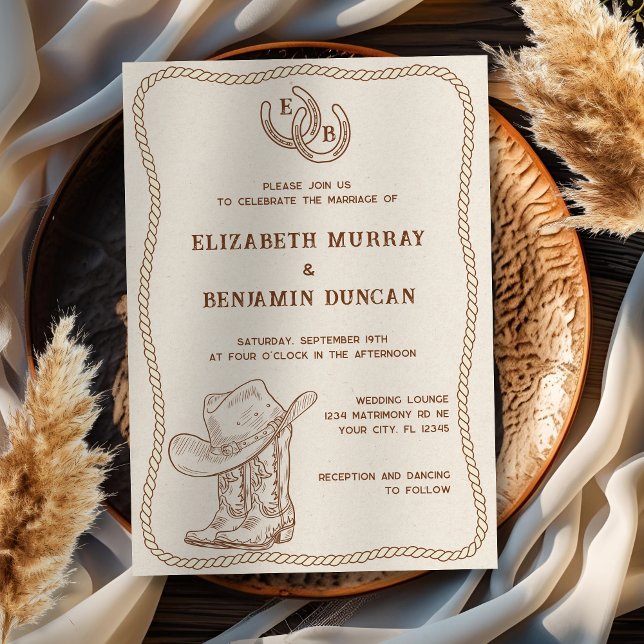 Einfache Western-Horseshoe-Monogram-Hochzeit Einladung (Von Creator hochgeladen)