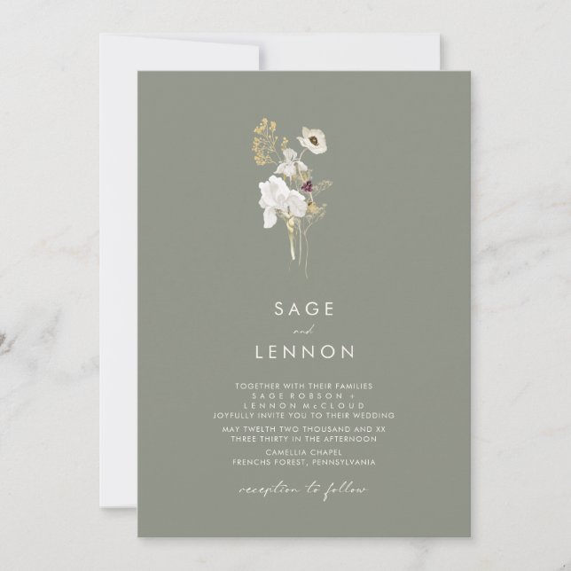 Einfache Whimsikische Wildblume | Sage Green Weddi Einladung (Vorderseite)