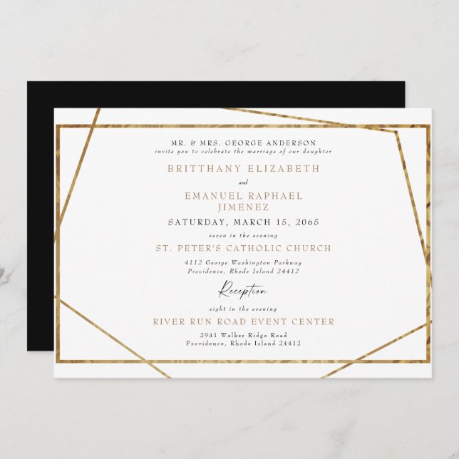 Einfache White Black & Gold Geometric Wedding Einladung (Vorne/Hinten)